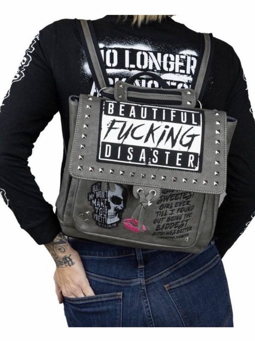 Grey Studded Backpack Purse - 'Beautiful Fucking Disaster' Graphic